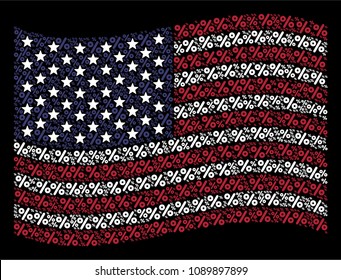 Percent pictograms are organized into waving American flag abstraction on a dark background. Vector concept of American state flag is constructed of percent items.