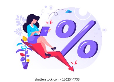 Percent presses down arrow, business failed concept , percent drop. Vector illustration for web banner, infographics, mobile.