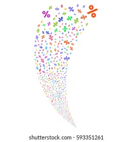 Percent random fireworks stream. Vector illustration style is flat bright multicolored iconic symbols on a white background. Object fountain combined from scattered symbols.