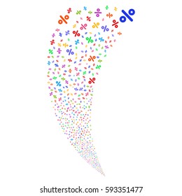 Percent random fireworks stream. Vector illustration style is flat bright multicolored iconic symbols on a white background. Object fountain constructed from scattered pictographs.