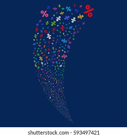 Percent random fireworks stream. Vector illustration style is flat bright multicolored iconic symbols on a blue background. Object fountain constructed from scattered icons.