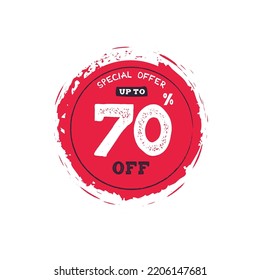 Percent of sale, up to 70 off, isolated sticker, poster design template, discount banner, vector illustration