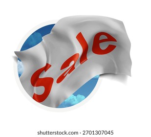por cento, venda, vetor 3d bandeira contra um céu azul, através de um buraco redondo em um fundo branco