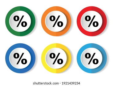 Percent, sale vector icons, set of circle  buttons in 6 colors options for webdesign and mobile applications