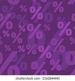 Percent seamless background. Advertising promo deal texture with percent symbol. Purple color.