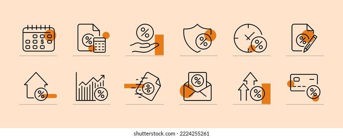 Percent set icon. Agreement, discount, rent, real estate, loan, cashback, calculator, earnings, time, annual, calendar, banking system, deposit, contribution. Money concept. Pastel color background