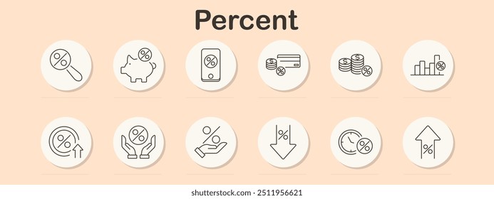 Percent set icon. Discount, savings, percentage, interest rate, finance, currency, investment, economy, growth, reduction, increase, banking, analysis, transaction, money.