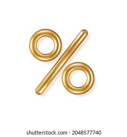 Percent sign 3d gold icon isolated on white background. Vector illustration. Percentage symbol, tax, sale and discount promotion concept. Special offer label, sticker tag, advertising badge