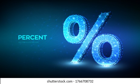 Percent sign. 3D Low polygonal abstract percent symbol. business concept of banking, calculation, discount. Low poly wireframe, geometry triangle, lines, dots, on blue background. Vector illustration.