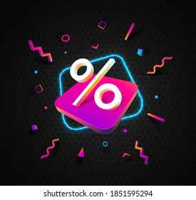 Percent sign 3d modern design on dark background. Discount sale special offer vector illustration