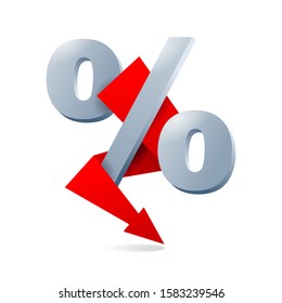 Percent sign with arrow down - isolated icon for special offers, commission, discount program - vector element for marketing, sales 