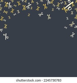 Percent sign confetti graphics with blank copy space. Discount promo deal or Black Friday deal graphics. Gold color.