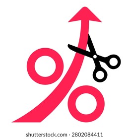 Percent Sign Cut and Scissors. Stop Inflation concept. High interest rate on loans. Reduce interest rates. Cost reduction business concept