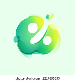 Signo de porcentaje en la mancha de salpicadura de gradiente ecológico con hoja verde. Icono favorable para el entorno espacial negativo. emblema del efecto de ilusión. Perfecto para el arte agrícola, diseño de reciclaje de residuos, envasado saludable de alimentos
