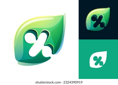 Percent sign eco logo. Green leaf carving. 3D realistic icon. Environment friendly forest initial in watercolor style. Font for botanical labels, floral headlines, recycle posters, organic cards.