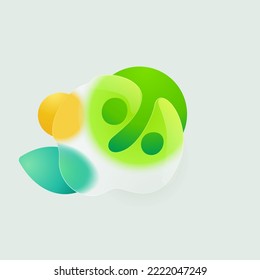 Percent sign eco logo in round splash with green leaf and sun. Realistic glassmorphism style translucent icon. Environment friendly negative space emblem for agriculture advertising, and healthy food.