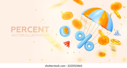 El signo del porcentaje vuela en un globo de aire. El concepto de recibir intereses. O deshacerse del interés. En un estilo 3D realista, el realismo. ilustración vectorial.