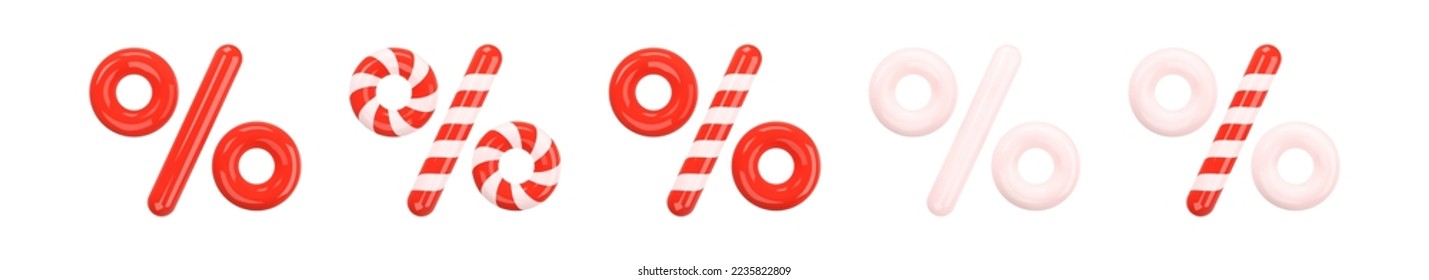 Percent sign. Glossy 3D symbol in the Festive Christmas and New Year Candy Cane style on a white background. Percentage, discount, sale, promotion concept. 3d vector illustration. Icon set