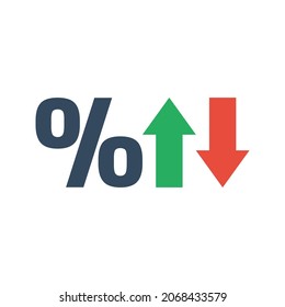 percent sign with green up and red down arrows, inflation or tax vector icon