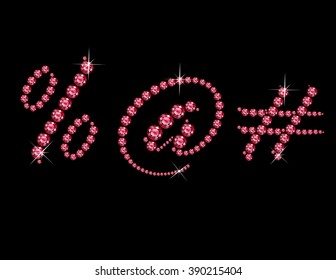 Percent Sign, At Sign and Hashtag in stunning Ruby Script precious round jewels, isolated on black. Vector EPS-10 file, transparency used. 