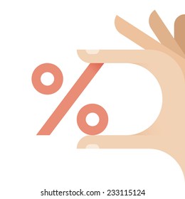 Percent sign holding by human hand. Shopping sales symbol. Concepts: online discounts, black friday, customers, consumerism, stores, markets, products, price, e-commerce, rate, interest