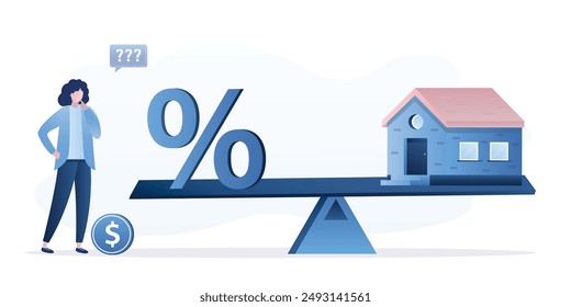 Signo de porcentaje y casa en el balancín. La mujer prestataria está considerando comprar una propiedad con hipoteca. Alto interés anual por el uso de fondos prestados. Una clienta está pensando en comprar una casa. Vector