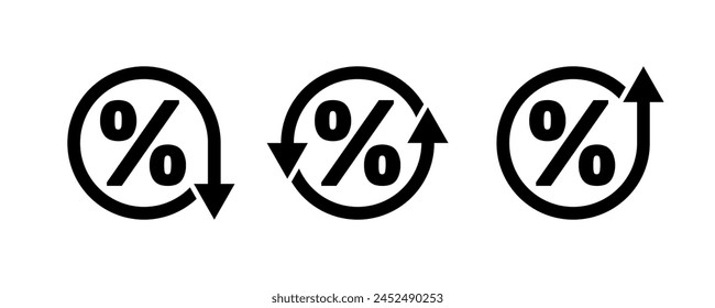 percent sign icons set with up and down arrows, cash back or credit interest trend, inflation growth or price drop icon