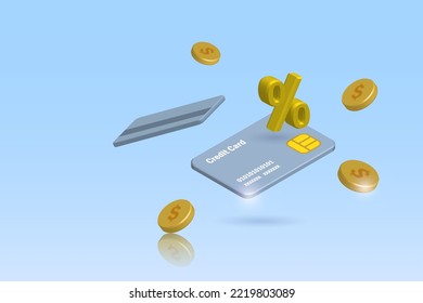 Percent sign of interest rate credit card with falling gold coins. Money spending, Financial, banking hot promotion for online shopping concept. 3D realistic vector.