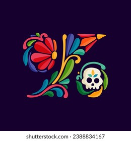 Percent sign logo with Mexican colorful and ornate ethnic pattern. Traditional Aztec leaves and flowers embroidery ornament. Vector design template for folk Spanish food, holidays, carnival, and party