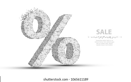 Percent sign. Low poly wireframe mesh with crumbled edge. Sale, discount, finance symbol. Concept illustration or background. Easy modify crumbling