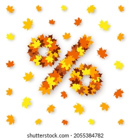 Percent sign made from bright yellow, orange and red maple leaves over white background. Concept of autumn discounts and price drop, decorations for seasonal sale, advertising and promotional banner
