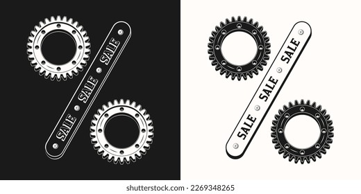 Percent sign made of metal plate and gears. Concept for discount, sales, promotion, advertise. Vintage steampunk style.