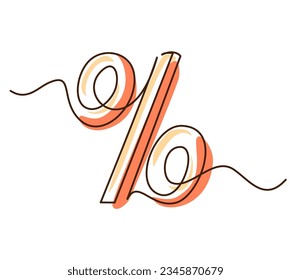 Percent sign math financial symbol. Continuous one line contour drawing minimalistic design. Editable stroke. Vector illustration Colored single line art