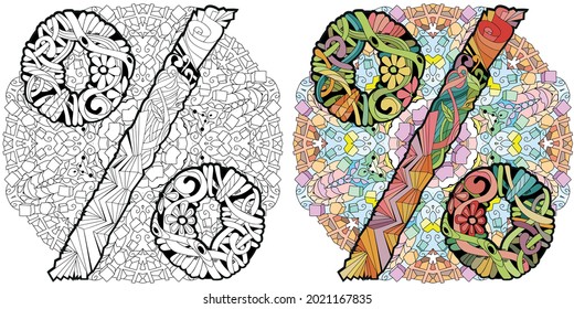 Percent sign on mandala Zentangle. Vector decorative unusual object. Colored and outline set