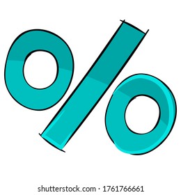 percent sign painted in turquoise color, typography, cartoon illustration, isolated object on a white background, vector illustration, eps