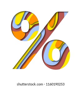 Percent sign. Paper cut percentage icon. 3d letter with paper cut multi layers texture effect. Price discount label element. Percent symbol for sale tag or label design. Paper art isolated vector.