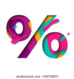 Percent sign. Paper cut percentage icon. 3d letter with paper cut texture effect and color multi layers