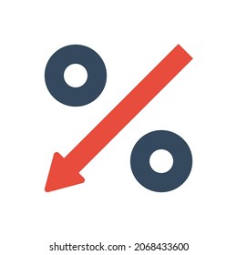 signo de porcentaje con flechas rojas hacia abajo, inflación o icono de vector de reducción de impuestos