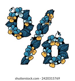 Percent sign with violet flowers and leaf in doodle style, isolated on white. For your sale poster, coupon, banner, promo. Hand drawn vector illustration.