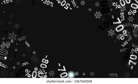 Percent Signs on Dark Background. Black Poster with Silver Percent Signs and Snowflakes. Vector Discount Sale Background.