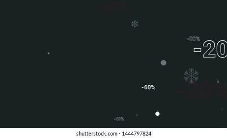 Percent Signs on Dark Background. Black Poster with Silver Percent Signs and Snowflakes. Vector Discount Sale Background.