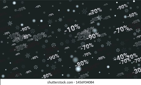 Percent Signs  on Dark Background. Black Poster with Silver Percent Signs  and Snowflakes. Vector Discount Sale Background.