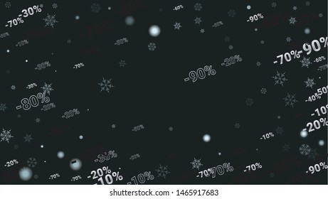 Percent Signs on Dark Background. Black Poster with Silver Percent Signs and Snowflakes. Vector Discount Sale Background.