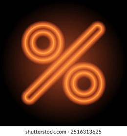 Prozentualer einfacher Symbolvektor. Flaches Design. Orangefarbenes Neon auf schwarzem Hintergrund.ai