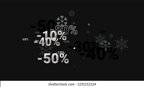 Percent Sings on Dark Background. Black Poster with Silver Percent Sings and Snowflakes. Vector Discount Sale Background.