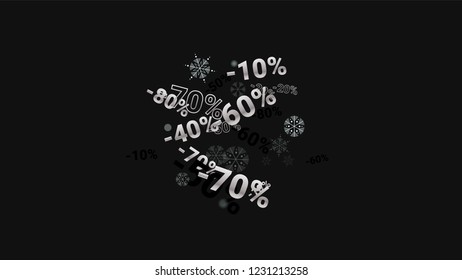 Percent Sings on Dark Background. Black Poster with Silver Percent Sings and Snowflakes. Vector Discount Sale Background.