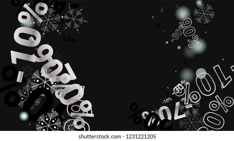 Percent Sings on Dark Background. Black Poster with Silver Percent Sings and Snowflakes. Vector Discount Sale Background.