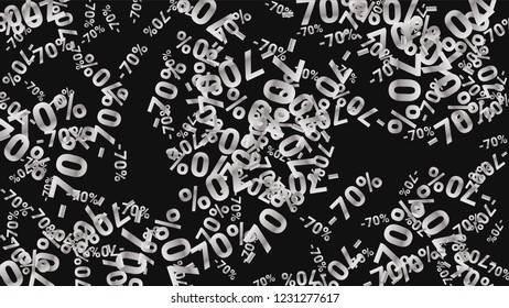Percent Sings on Dark Background. Black Poster with Silver Percent Sings and Snowflakes. Vector Discount Sale Background.