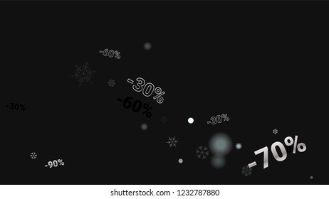 Percent Sings on Dark Background. Black Poster with Silver Percent Sings and Snowflakes. Vector Discount Sale Background.