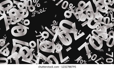 Percent Sings on Dark Background. Black Poster with Silver Percent Sings and Snowflakes. Vector Discount Sale Background.
